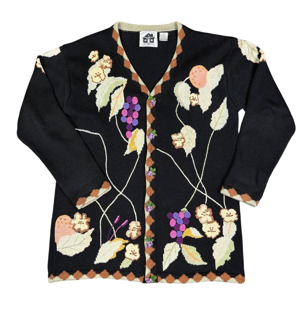Vintage Storybook Knits Cardigan Sweater Women's Medium Black Grapes Leaves